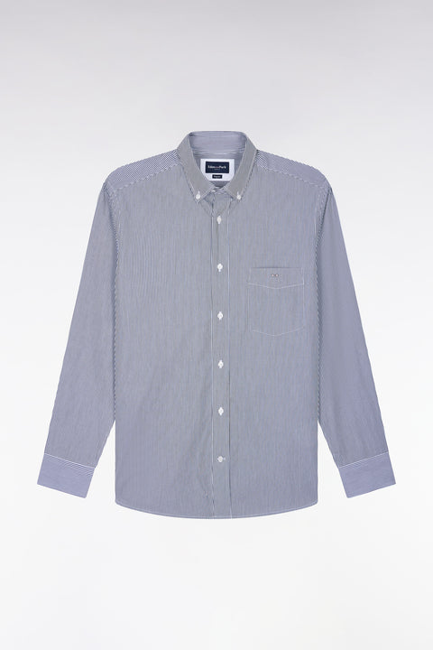 White cotton shirt with fine navy stripes, straight cut - Image 2