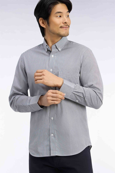 White cotton shirt with fine navy stripes, straight cut - Image 1
