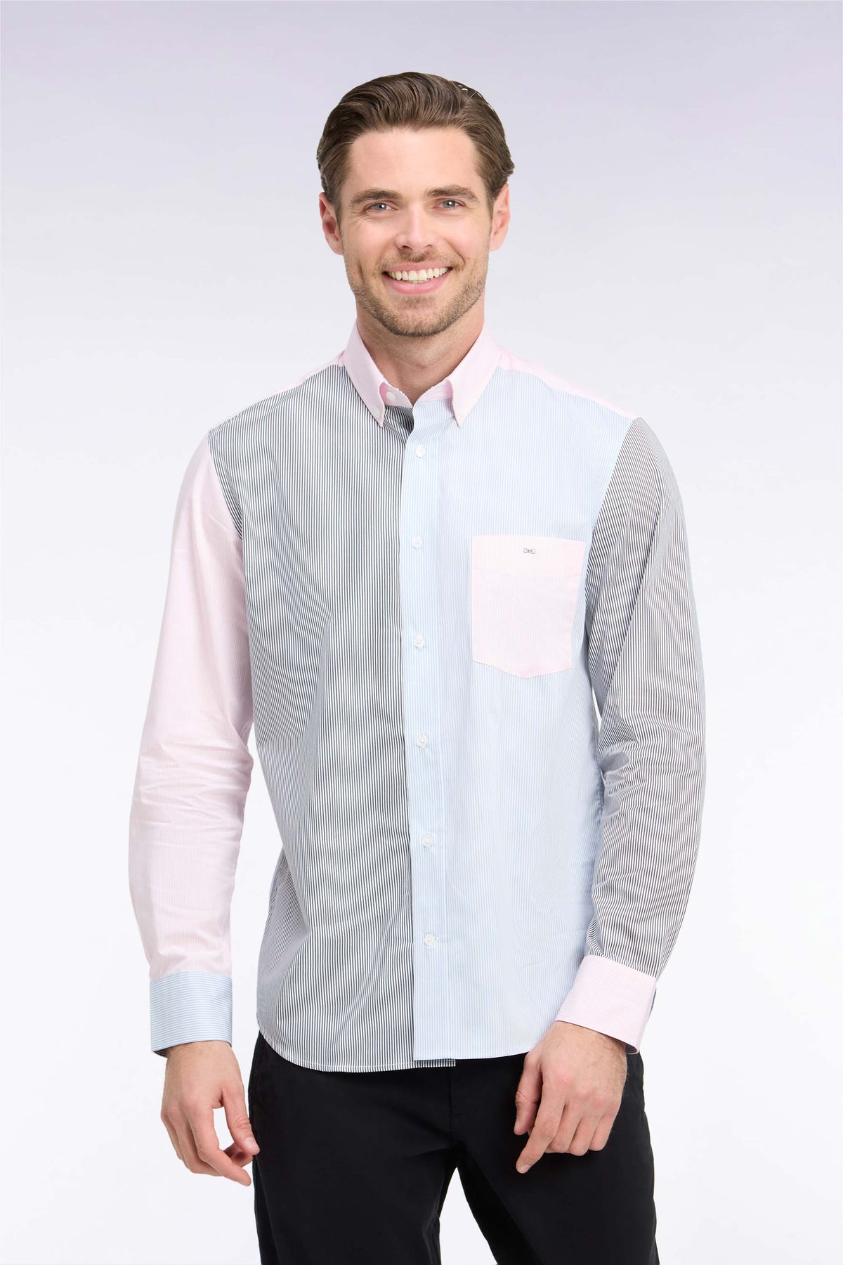 Striped straight-cut tricolor cotton shirt