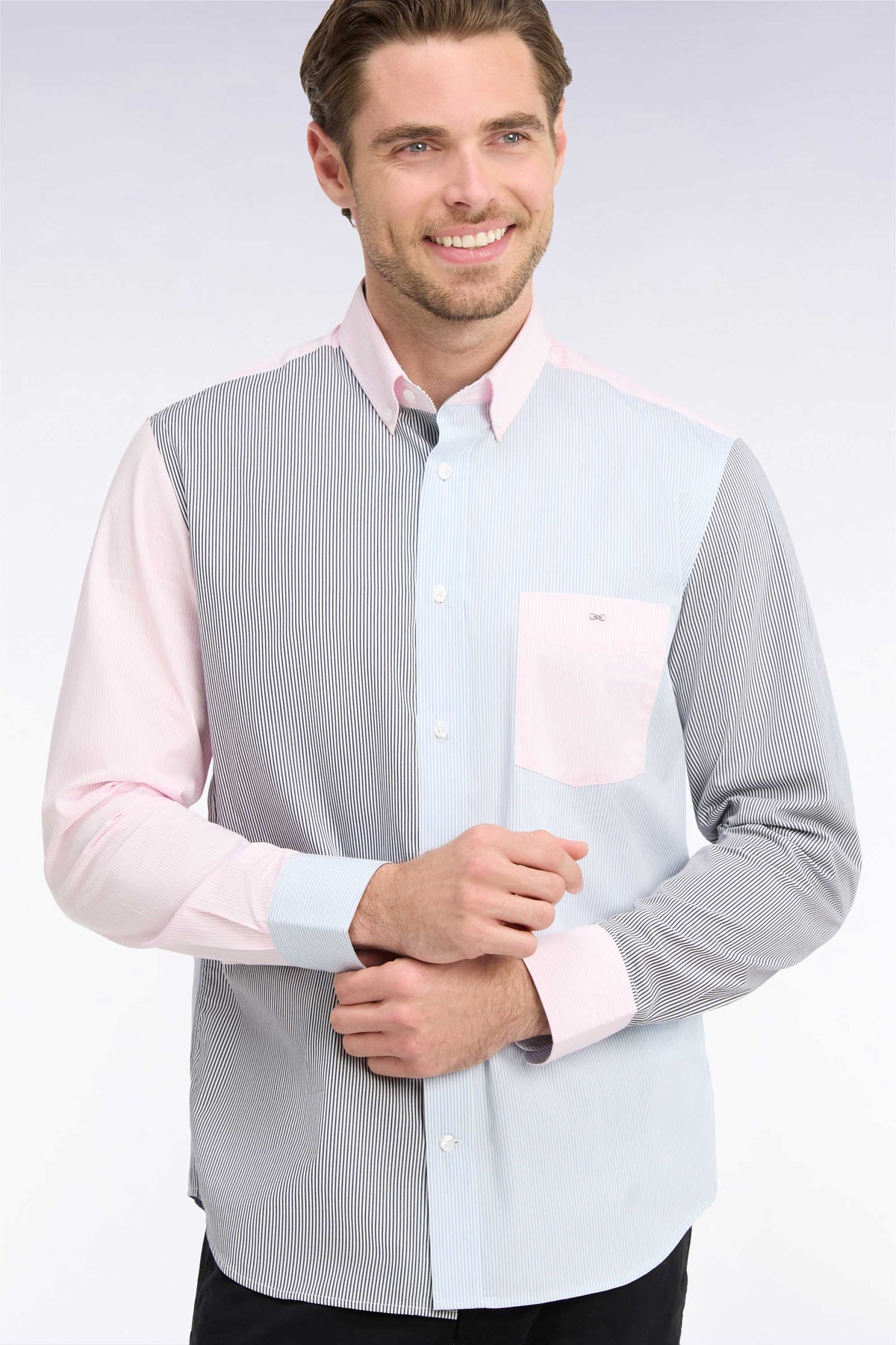 Striped straight-cut tricolor cotton shirt