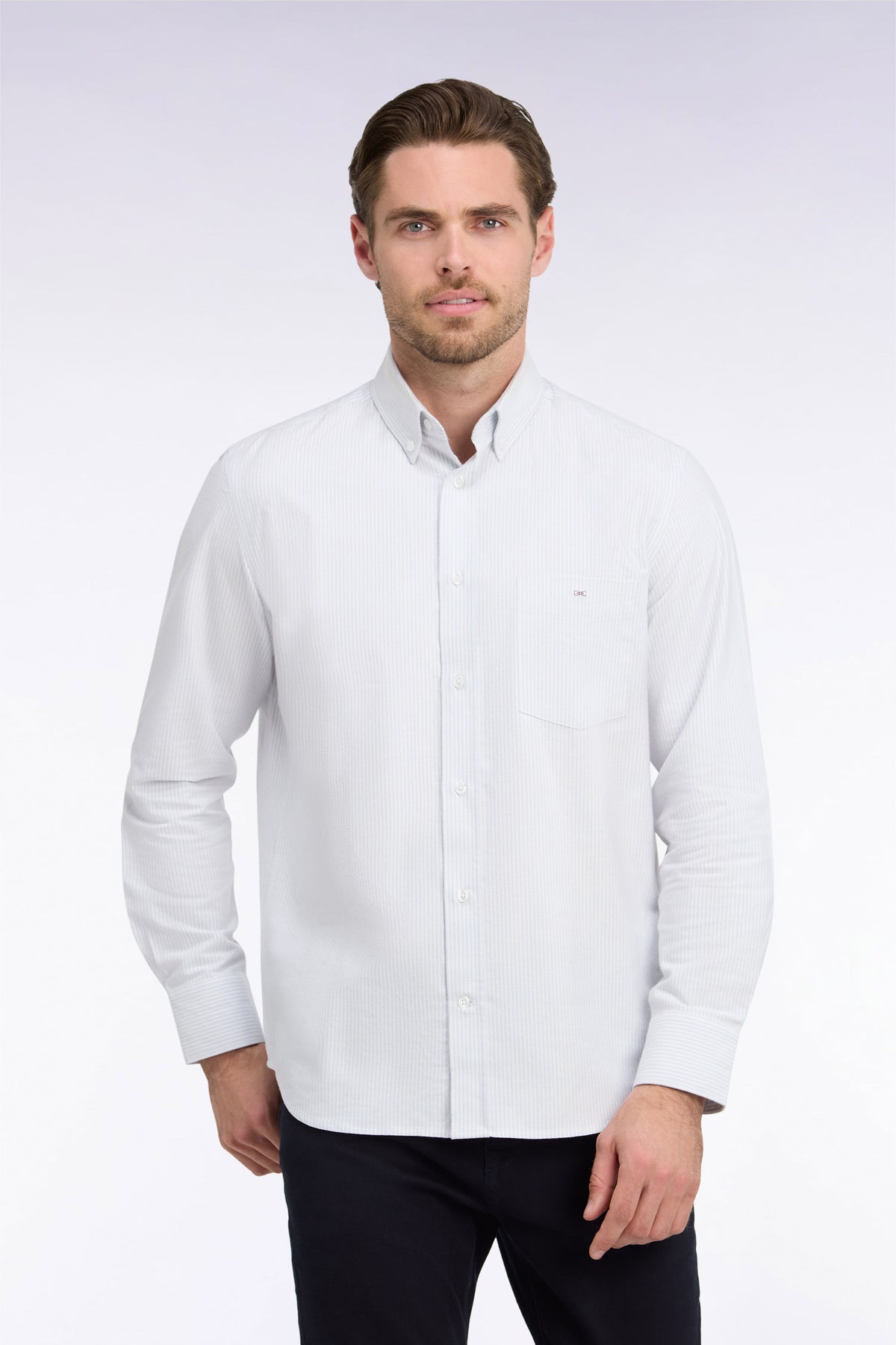 Straight-cut gray stick-striped cotton shirt