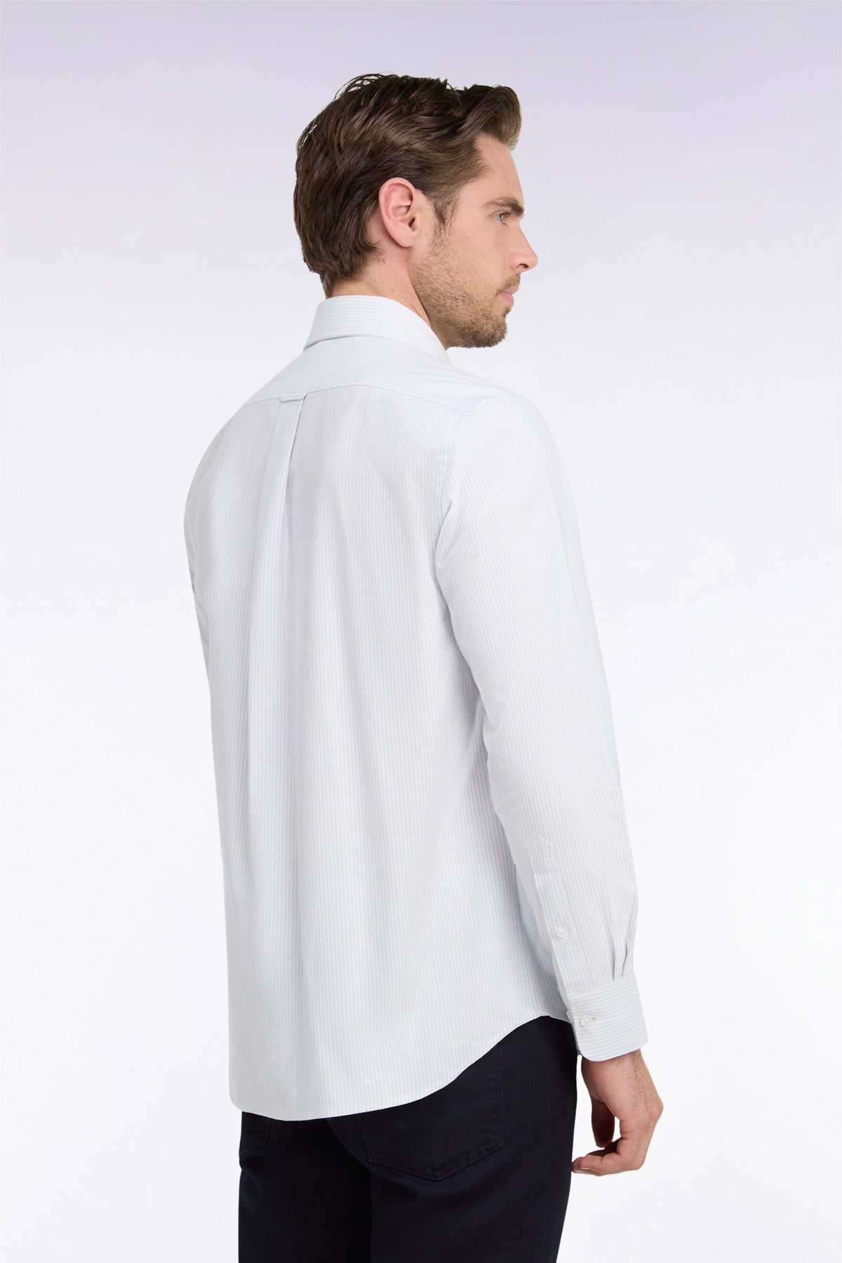 Straight-cut gray stick-striped cotton shirt