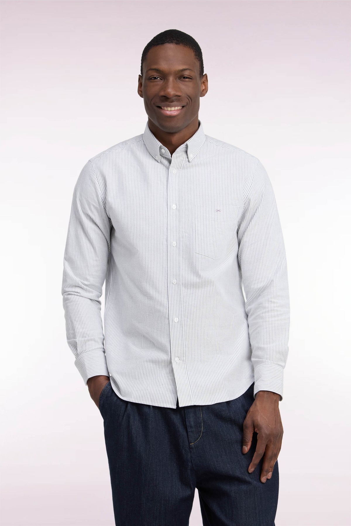 Straight cut navy stick striped cotton shirt