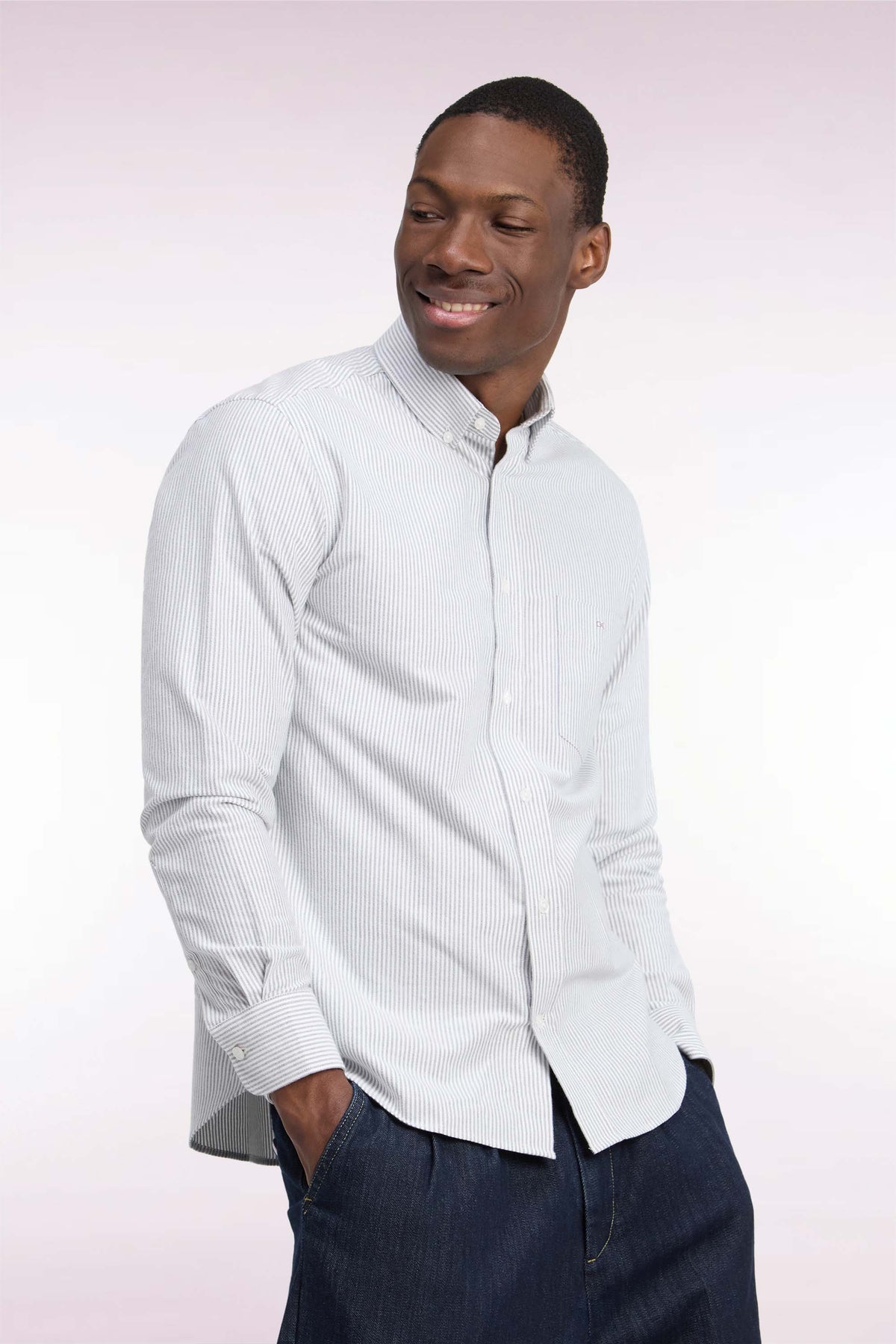 Straight cut navy stick striped cotton shirt