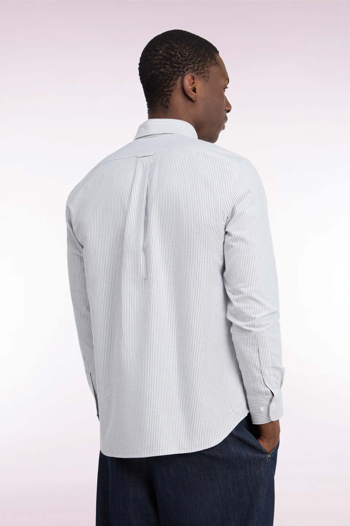 Straight cut navy stick striped cotton shirt