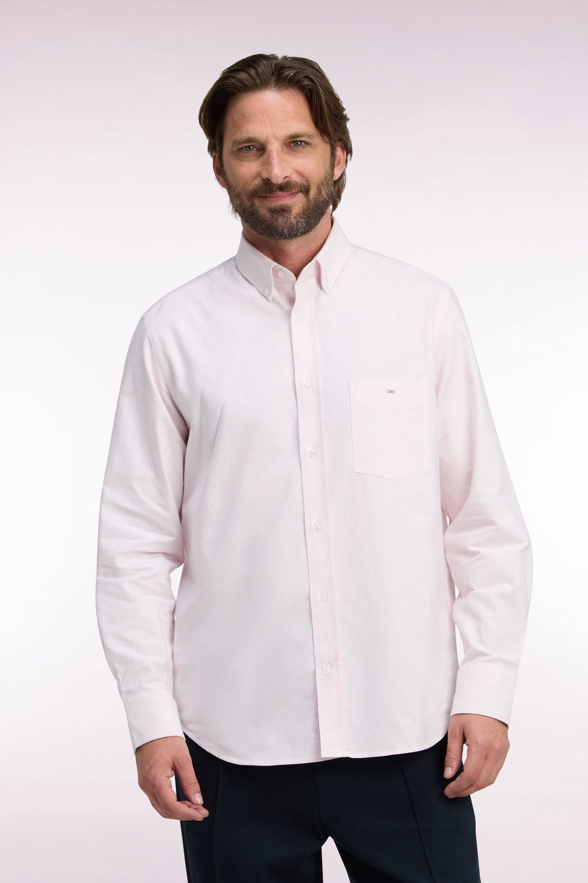 Straight-cut pink stick-striped cotton shirt