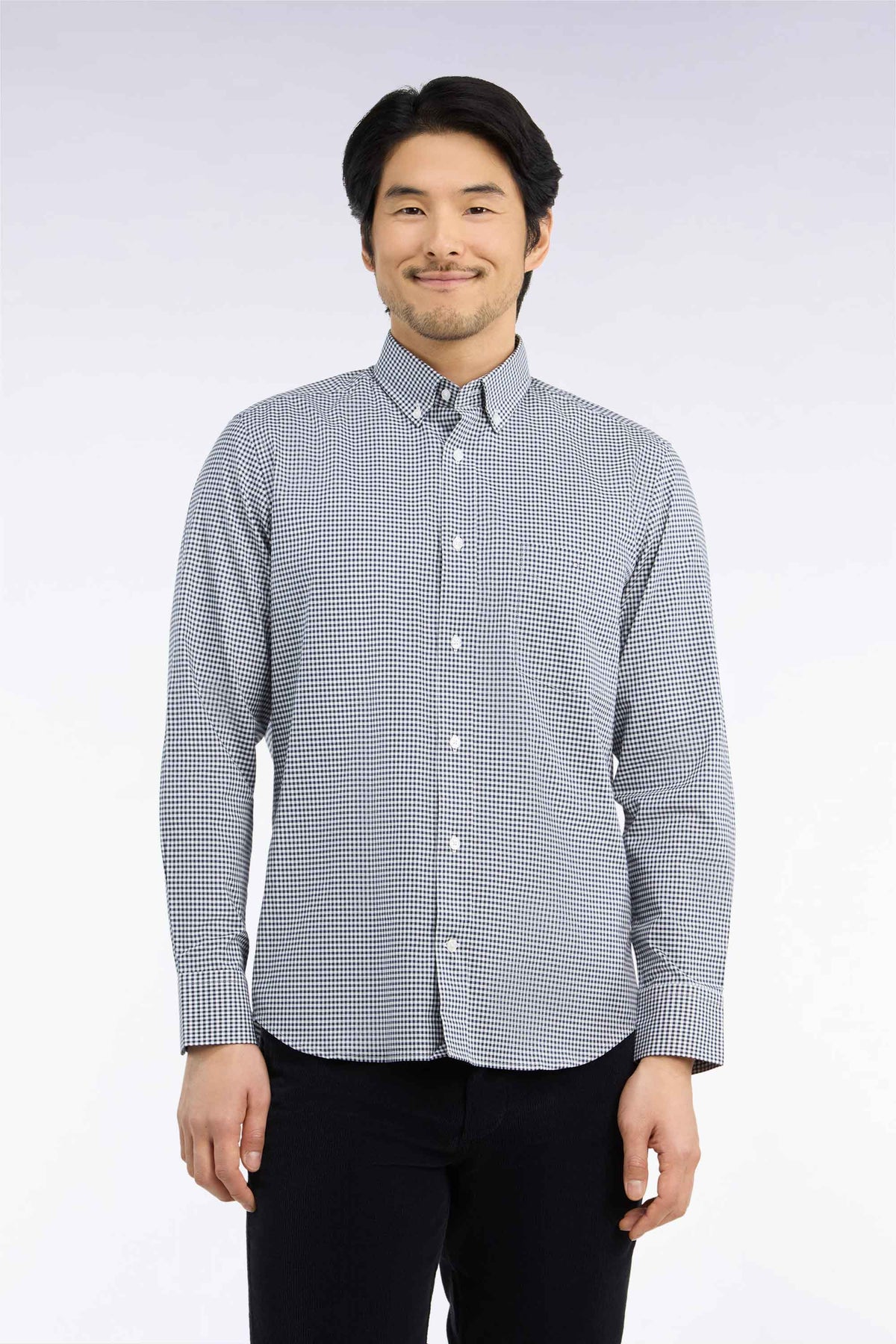 Straight cut navy gingham check cotton shirt