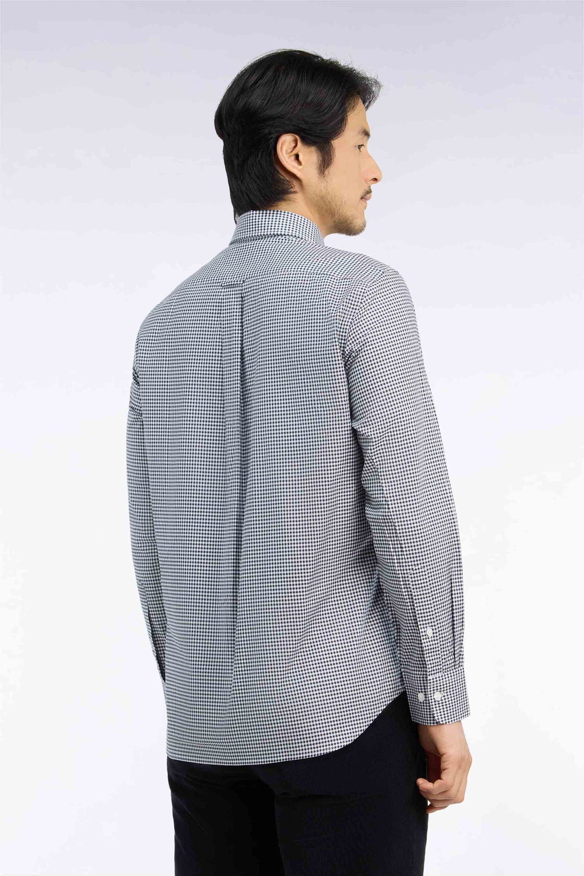 Straight cut navy gingham check cotton shirt