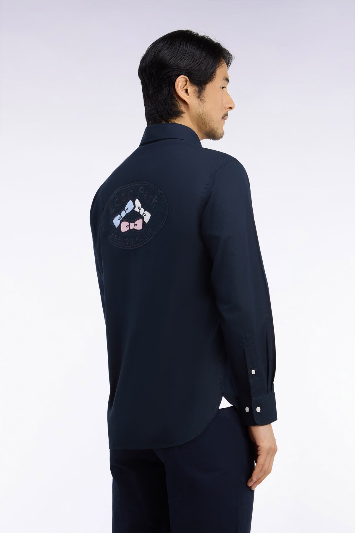 White cotton Oxford shirt with back patch, straight cut