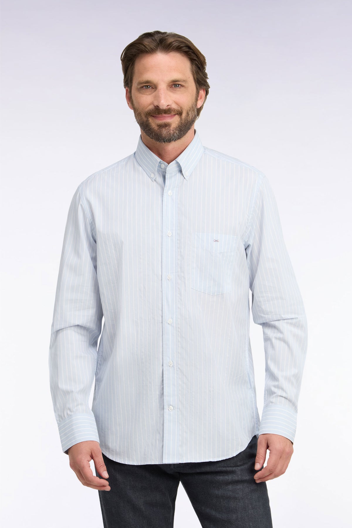 White woven cotton shirt with gray stripes, straight cut
