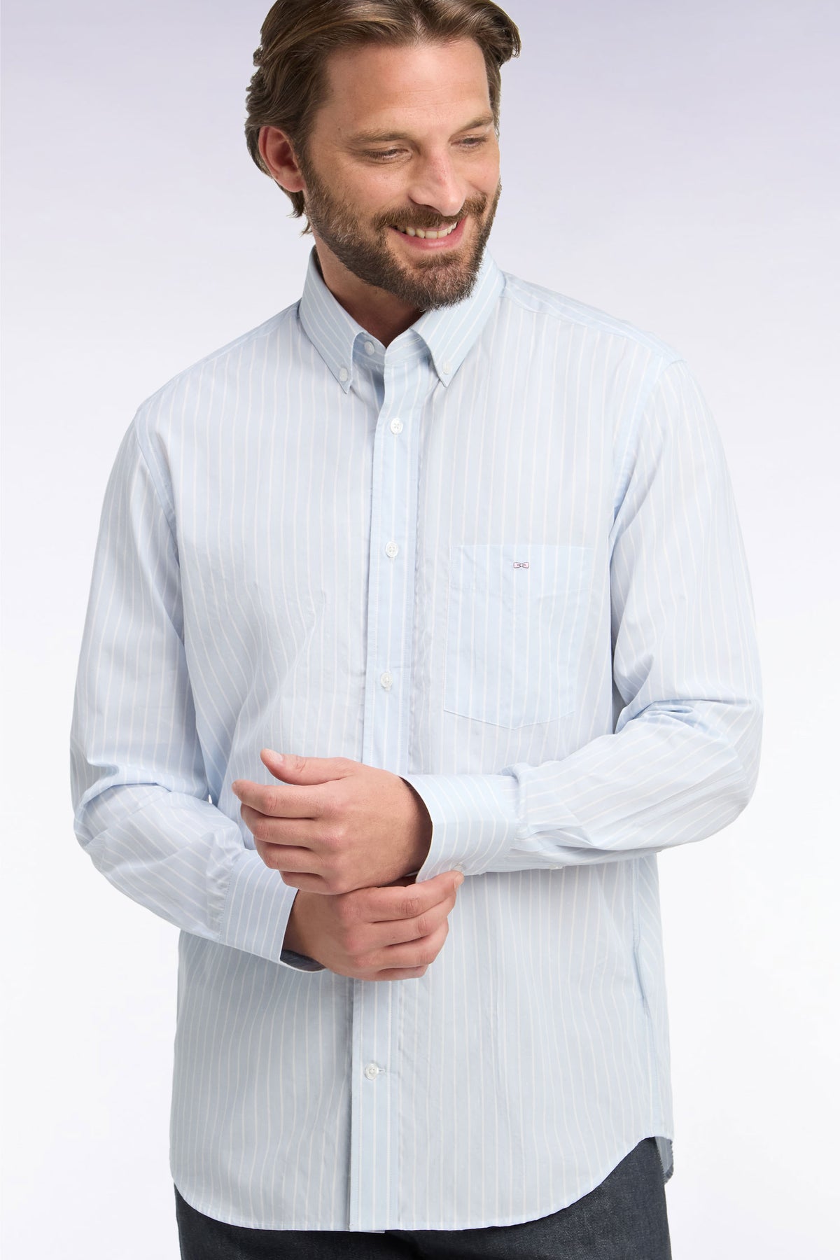 White woven cotton shirt with gray stripes, straight cut