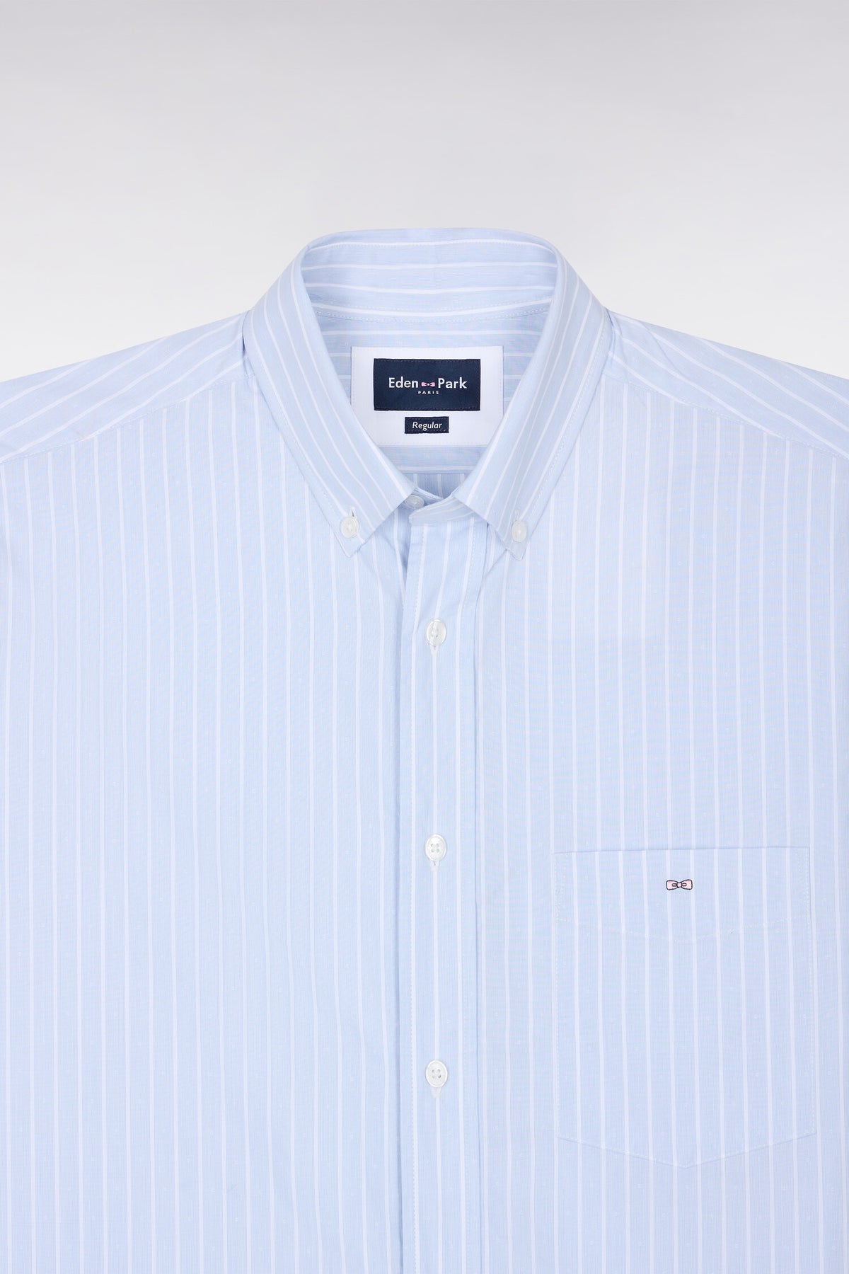 White woven cotton shirt with gray stripes, straight cut