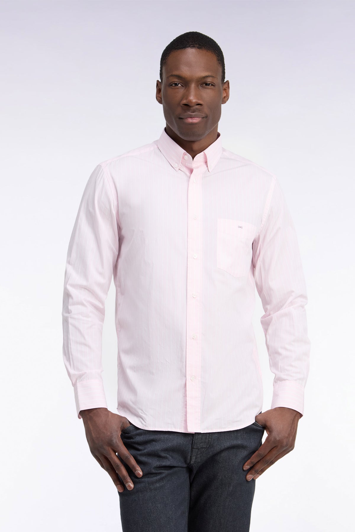 White woven cotton shirt with pink stripes, straight cut