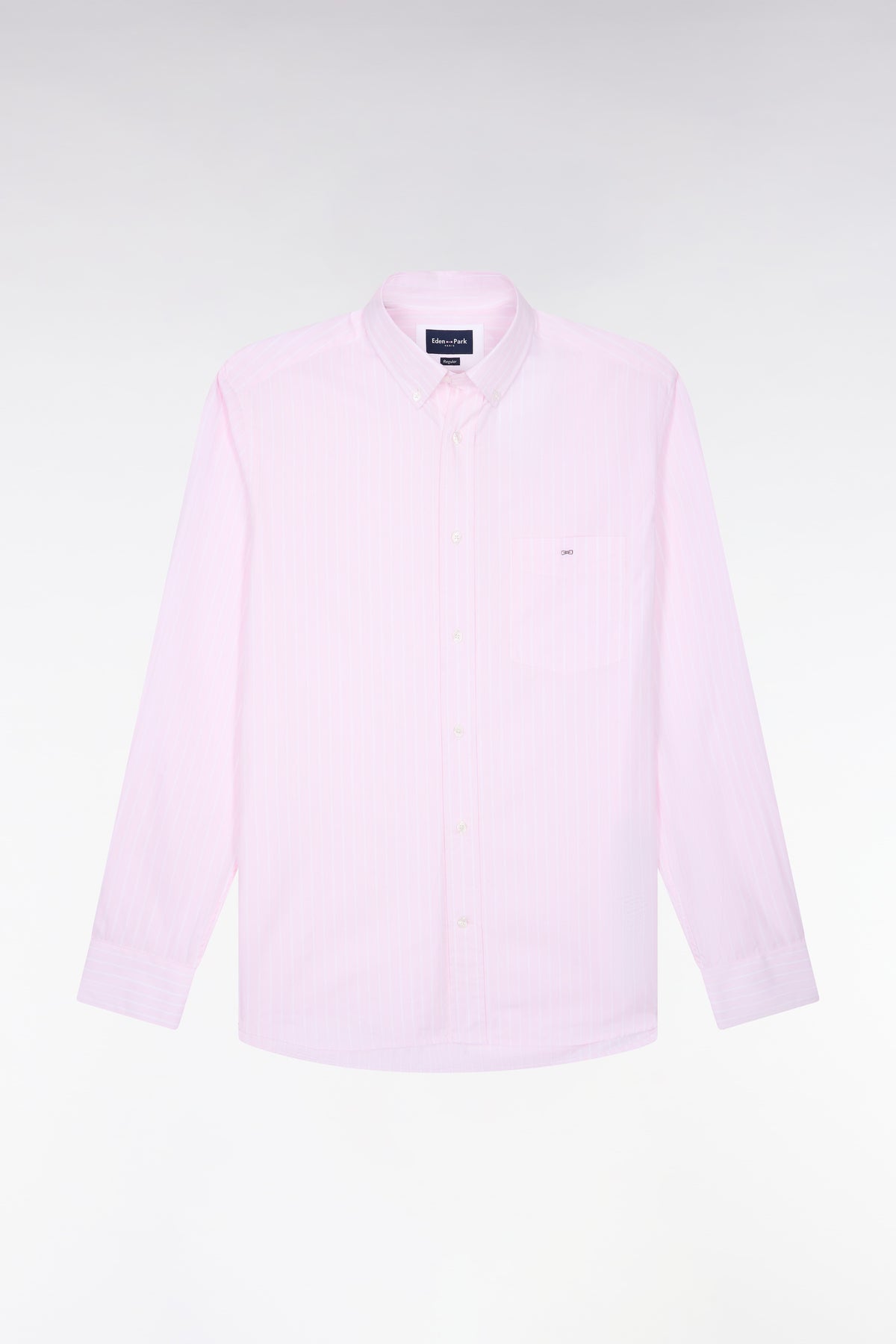 White woven cotton shirt with pink stripes, straight cut