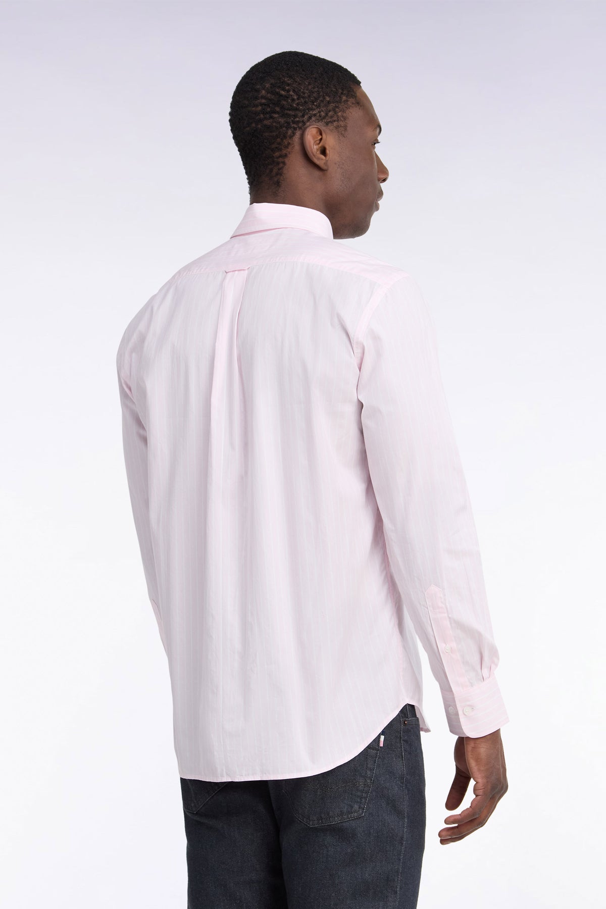 White woven cotton shirt with pink stripes, straight cut