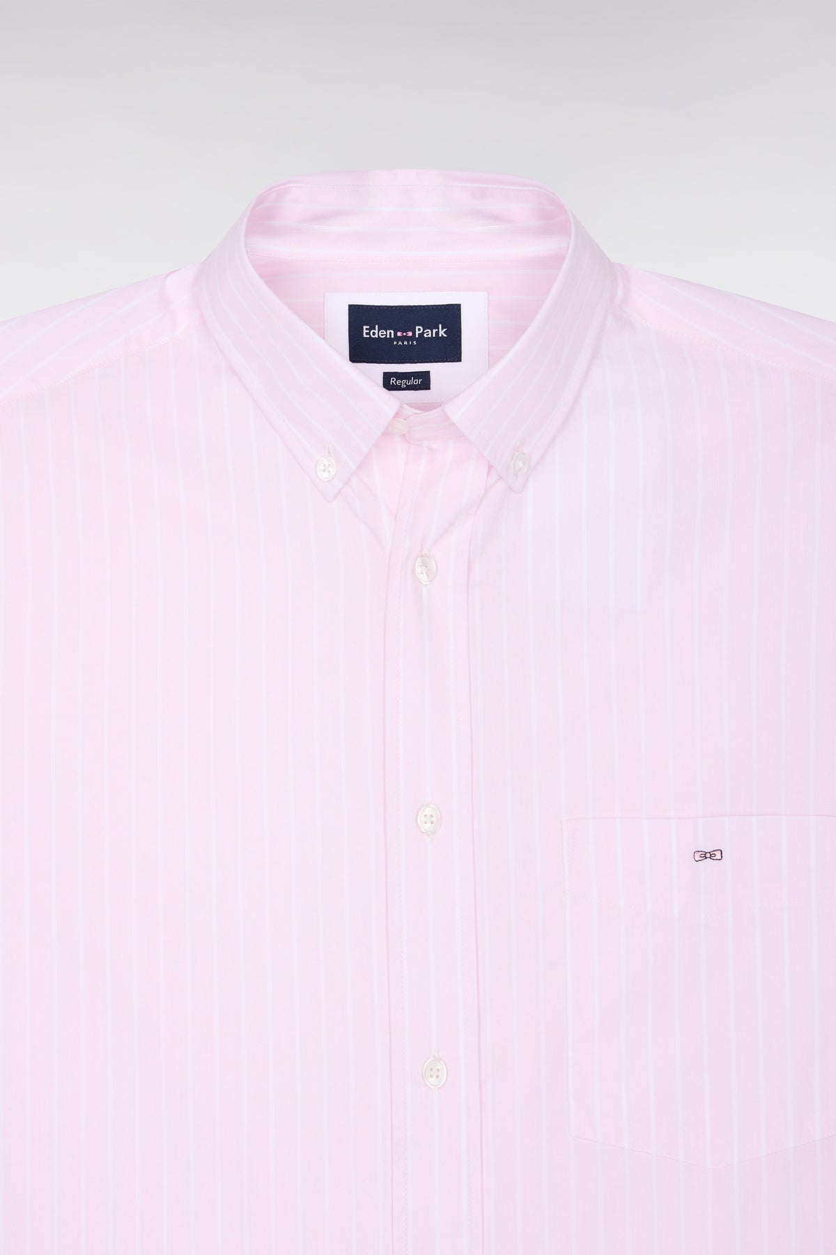 White woven cotton shirt with pink stripes, straight cut