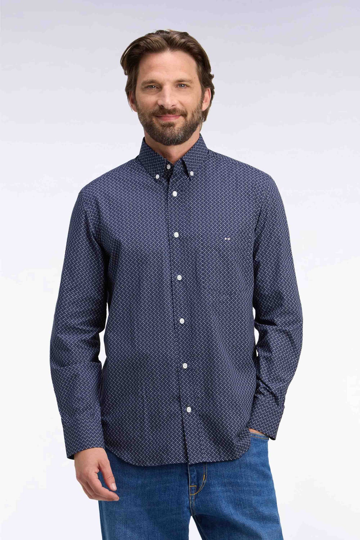 Navy cotton poplin shirt with micro-patterned bow ties