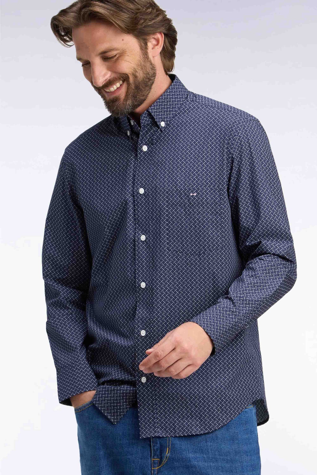 Navy cotton poplin shirt with micro-patterned bow ties