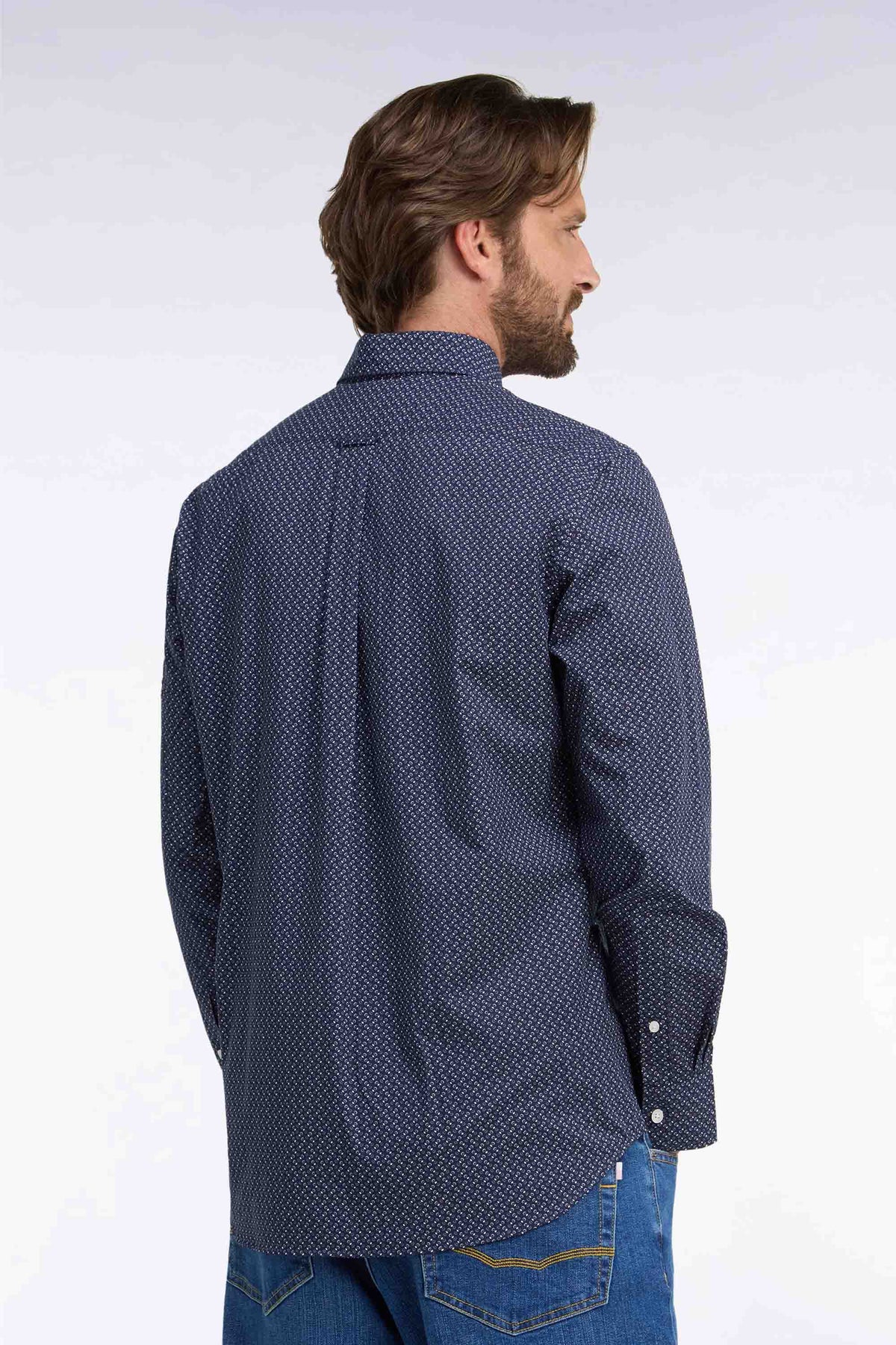 Navy cotton poplin shirt with micro-patterned bow ties