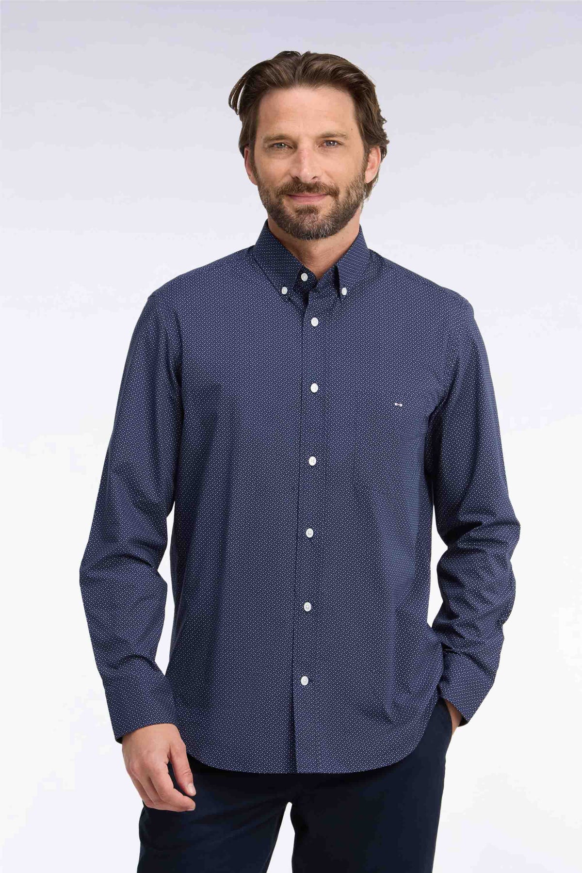 Navy cotton shirt with micro-patterned bow ties, straight cut