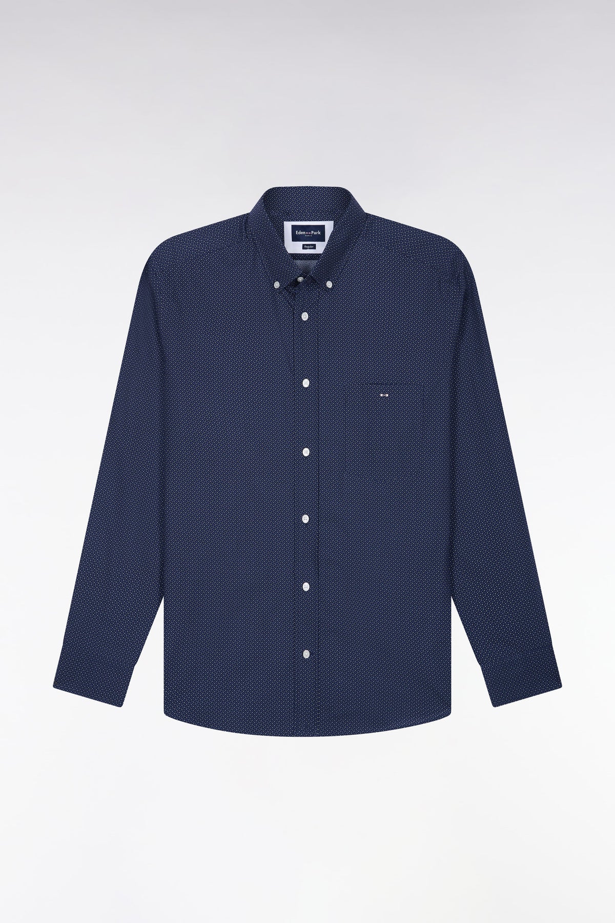 Navy cotton shirt with micro-patterned bow ties, straight cut