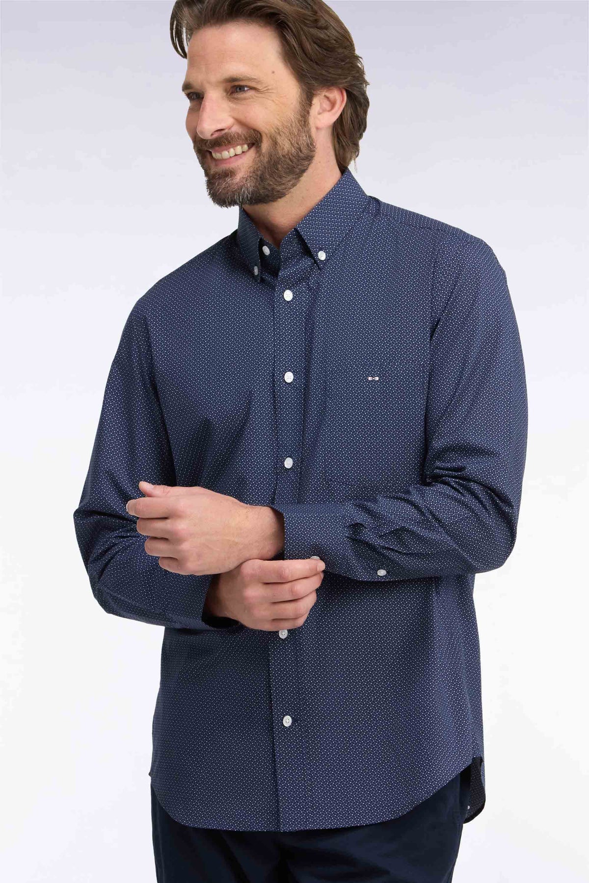 Navy cotton shirt with micro-patterned bow ties, straight cut