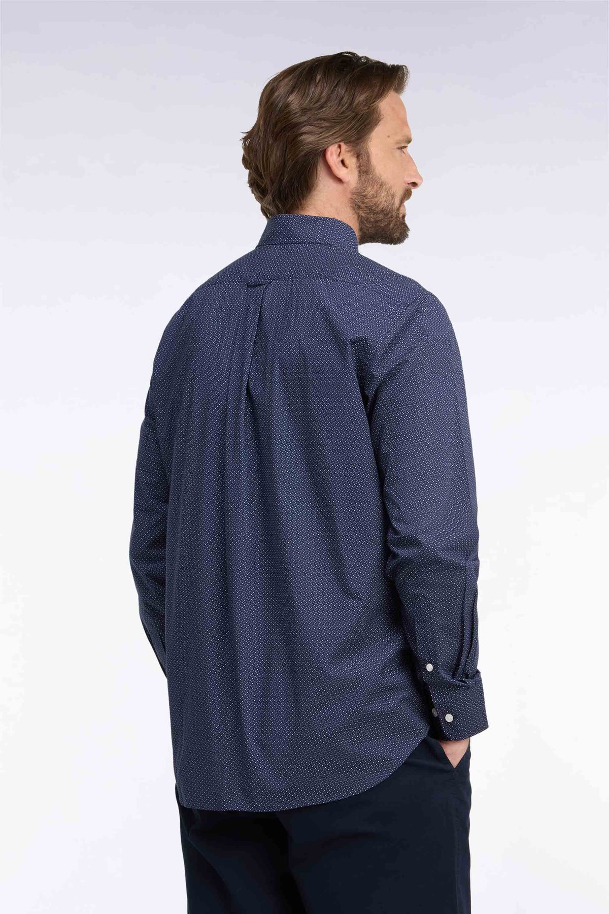 Navy cotton shirt with micro-patterned bow ties, straight cut