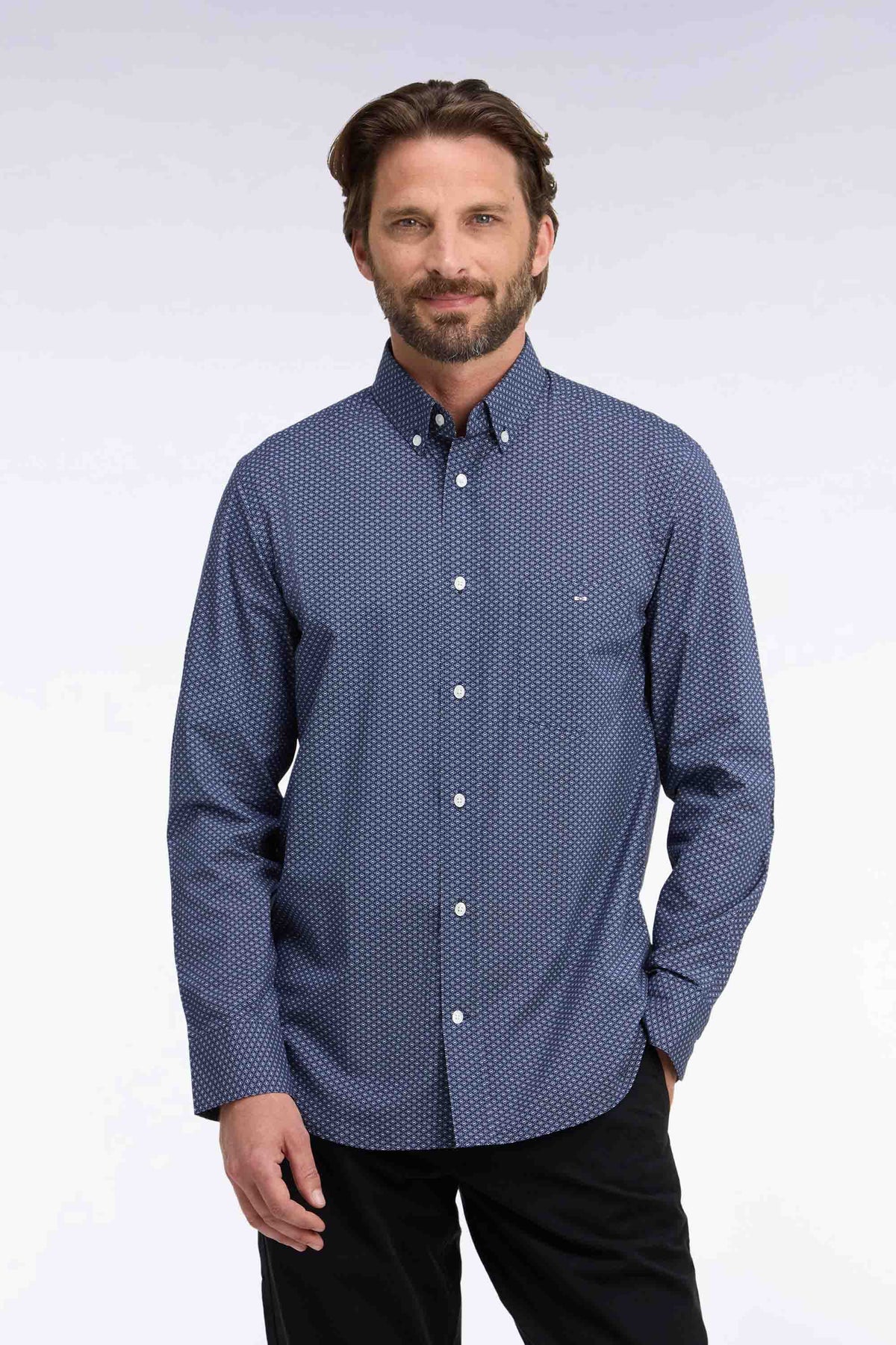 Blue micro-patterned straight-cut cotton shirt