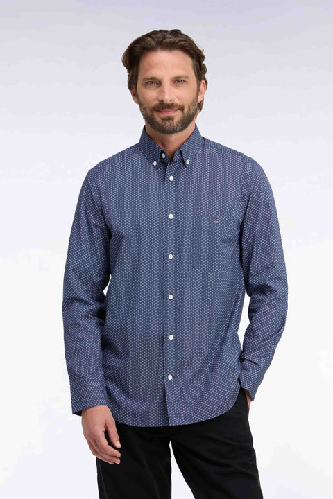Blue micro-patterned straight-cut cotton shirt - Image 3