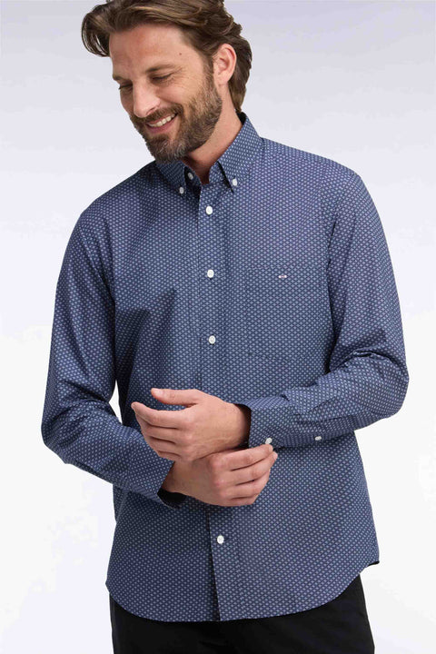 Blue micro-patterned straight-cut cotton shirt - Image 1