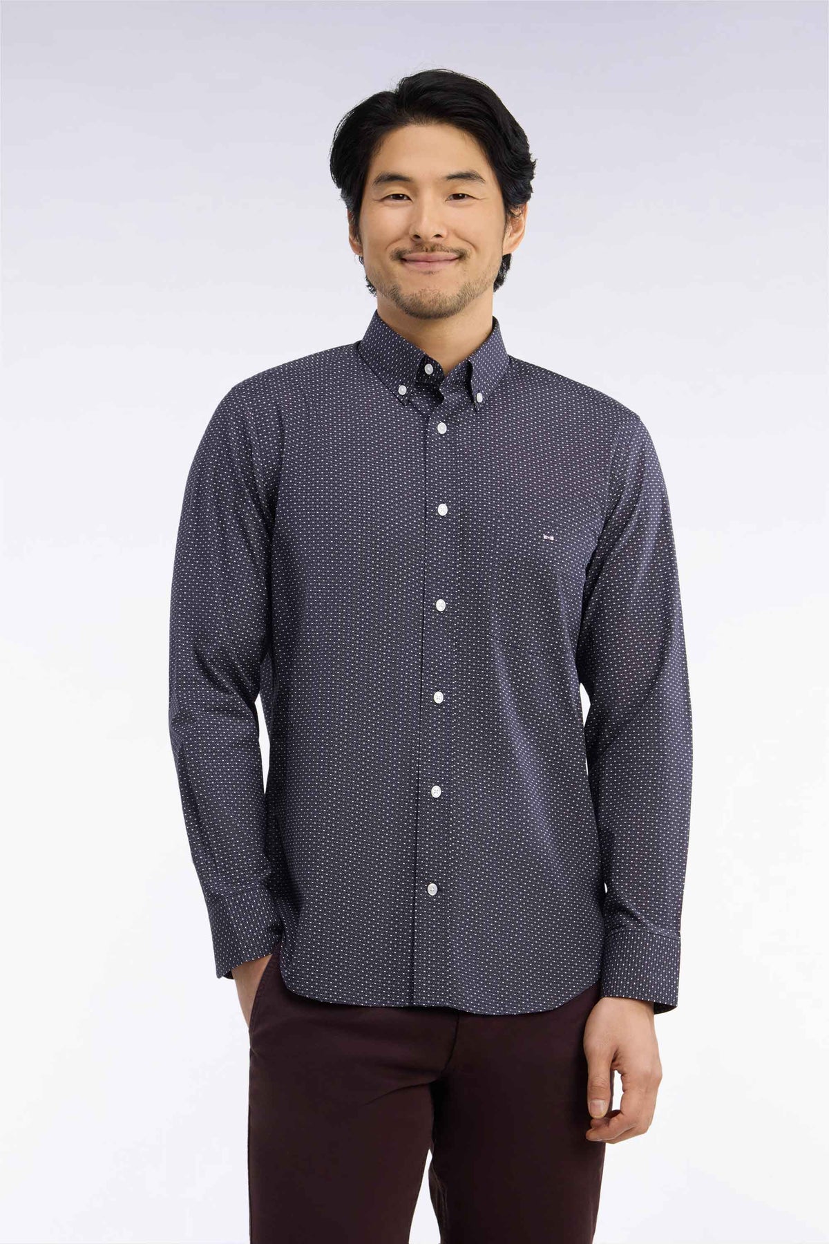 Gray cotton shirt with micro-patterned straight cut