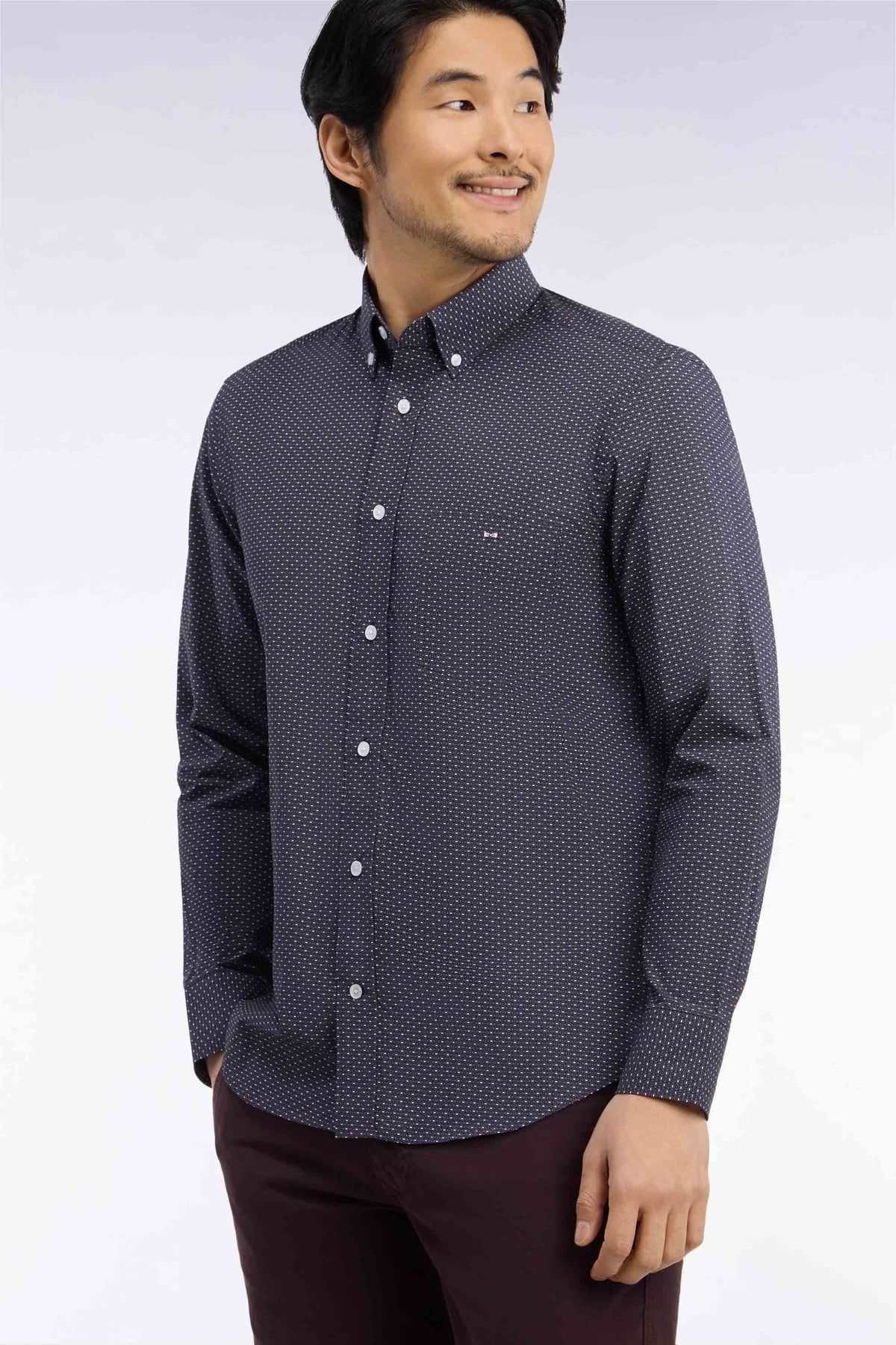 Gray cotton shirt with micro-patterned straight cut