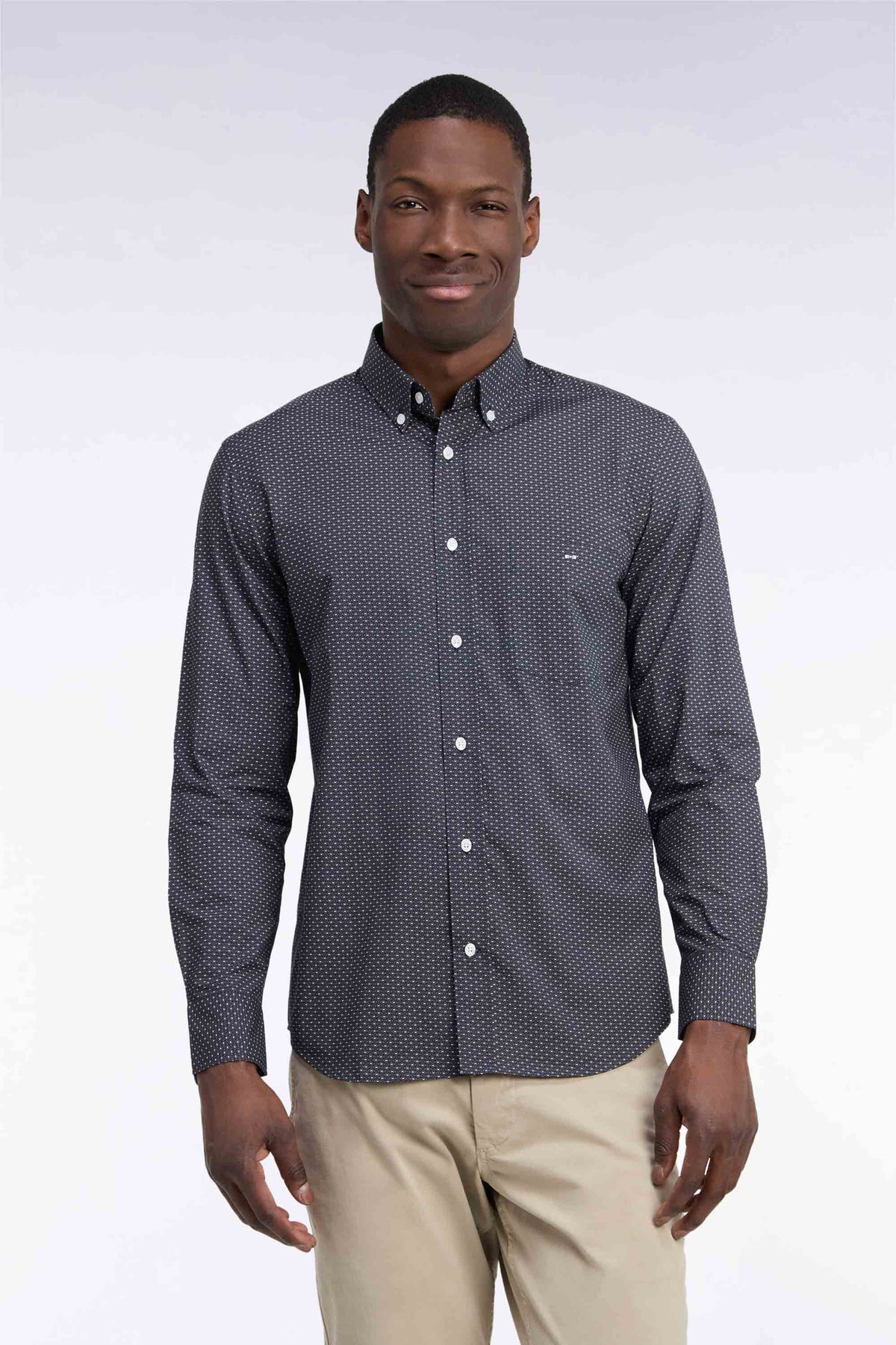 Straight-cut khaki micro-patterned cotton shirt