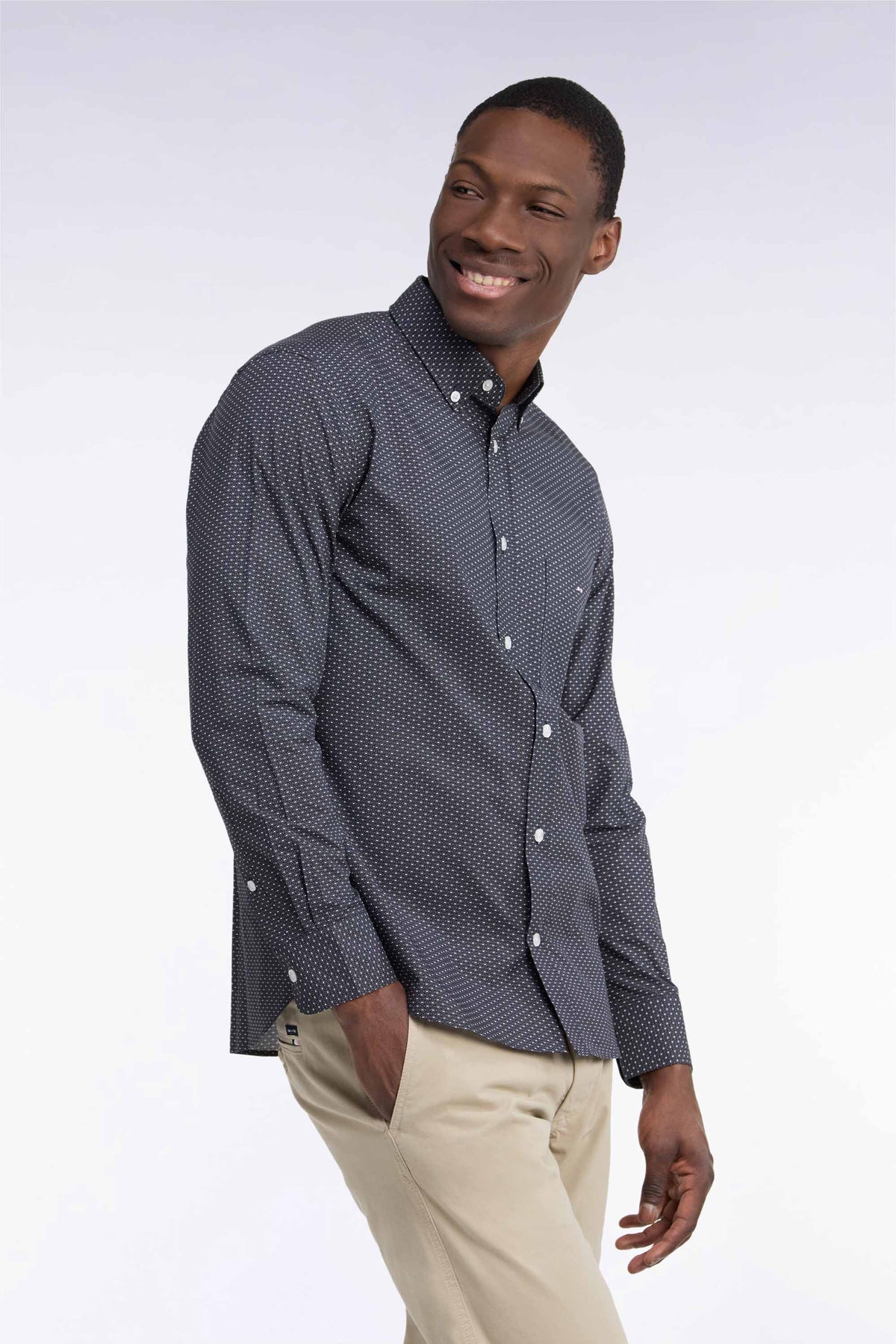 Straight-cut khaki micro-patterned cotton shirt