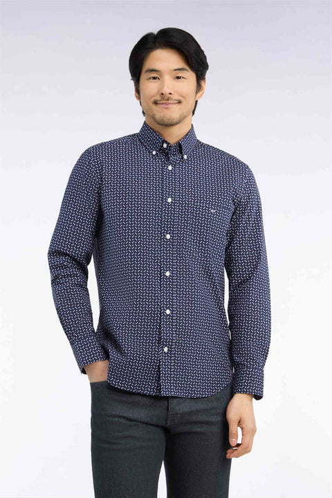 Navy cotton poplin shirt with blue micro-patterns, straight cut - Image 3