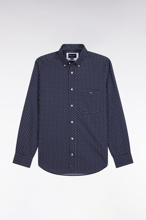 Navy cotton poplin shirt with blue micro-patterns, straight cut - Image 2