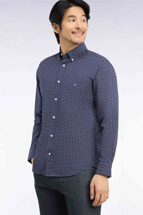 Navy cotton poplin shirt with blue micro-patterns, straight cut - Image 1