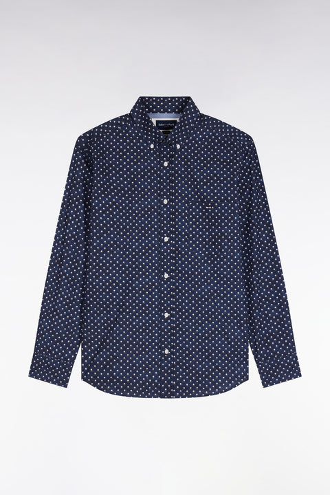 Navy cotton shirt with white flower micro-patterns, straight cut - Image 2