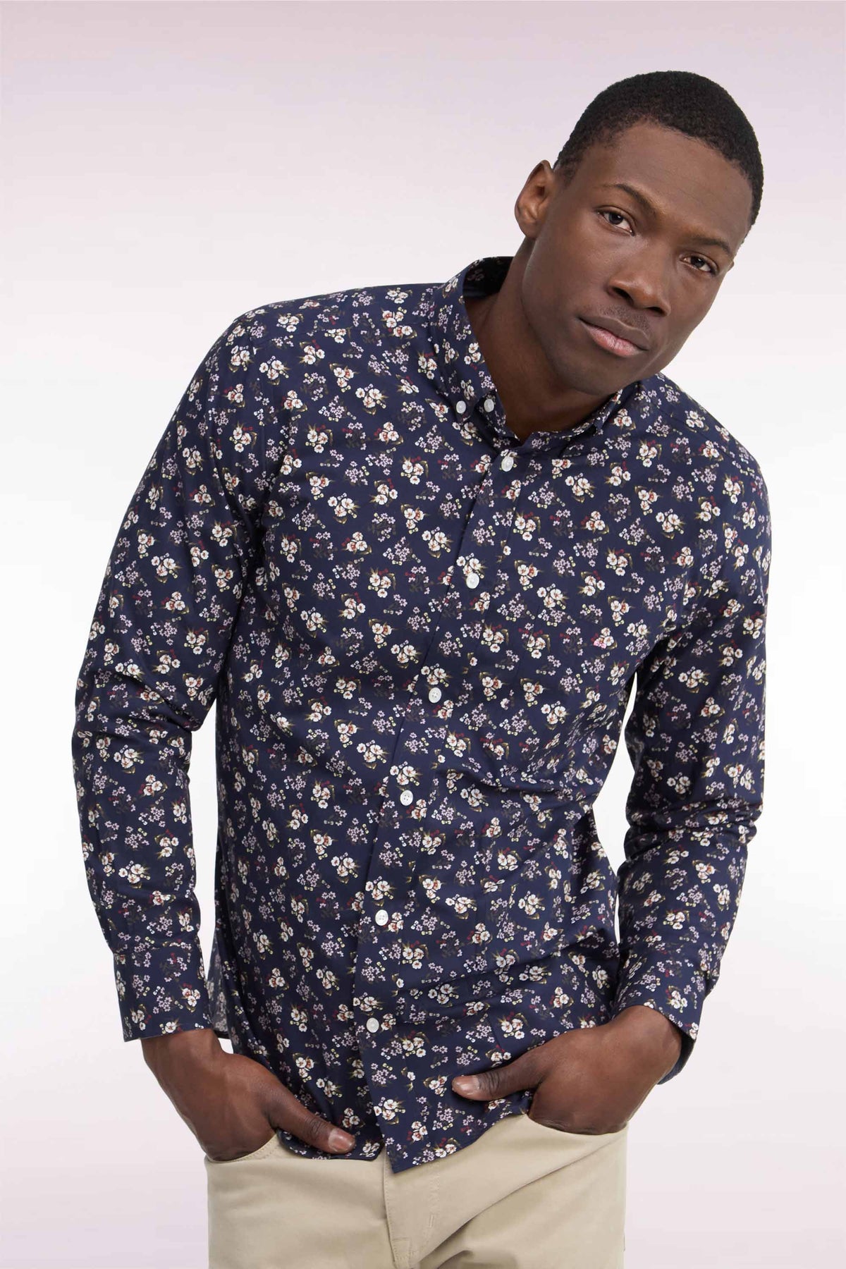 Navy cotton shirt with micro-flower patterns, straight cut