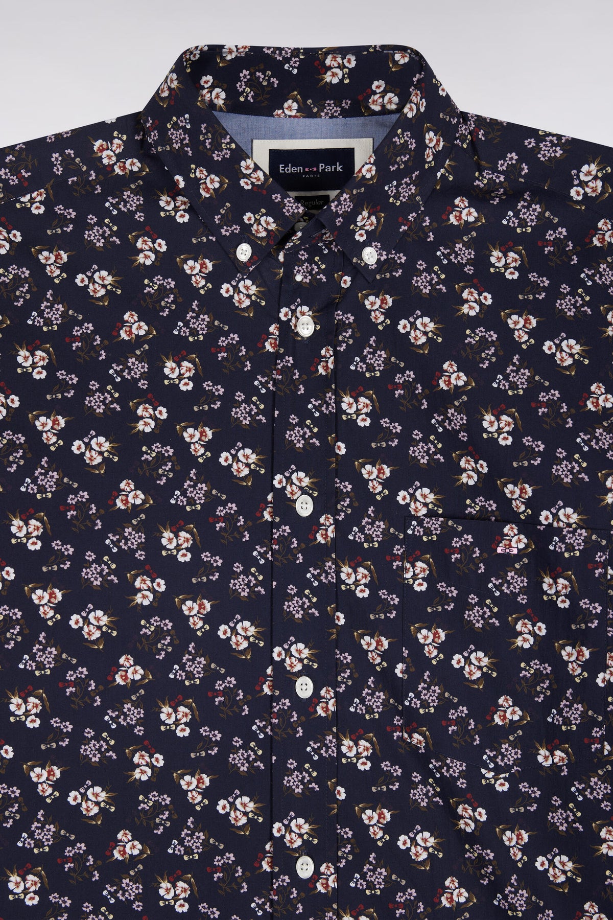 Navy cotton shirt with micro-flower patterns, straight cut