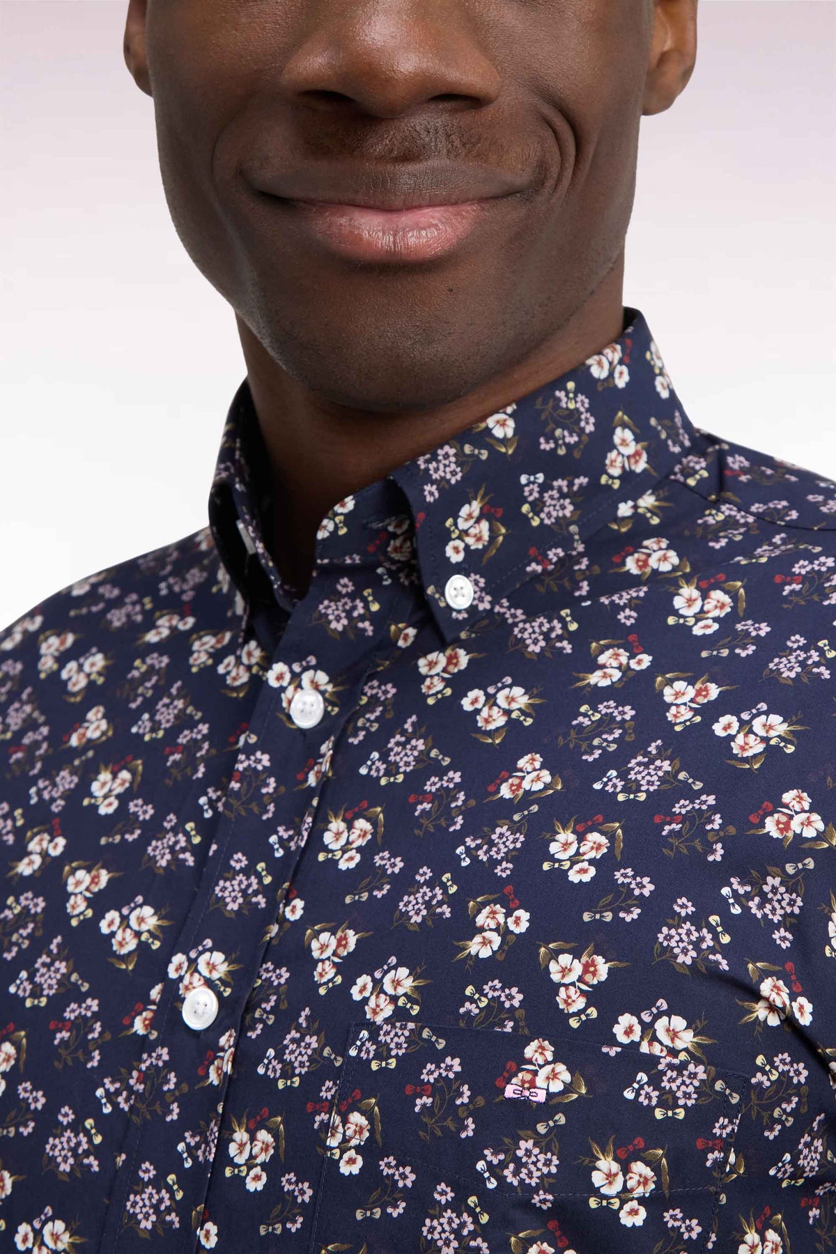Navy cotton shirt with micro-flower patterns, straight cut
