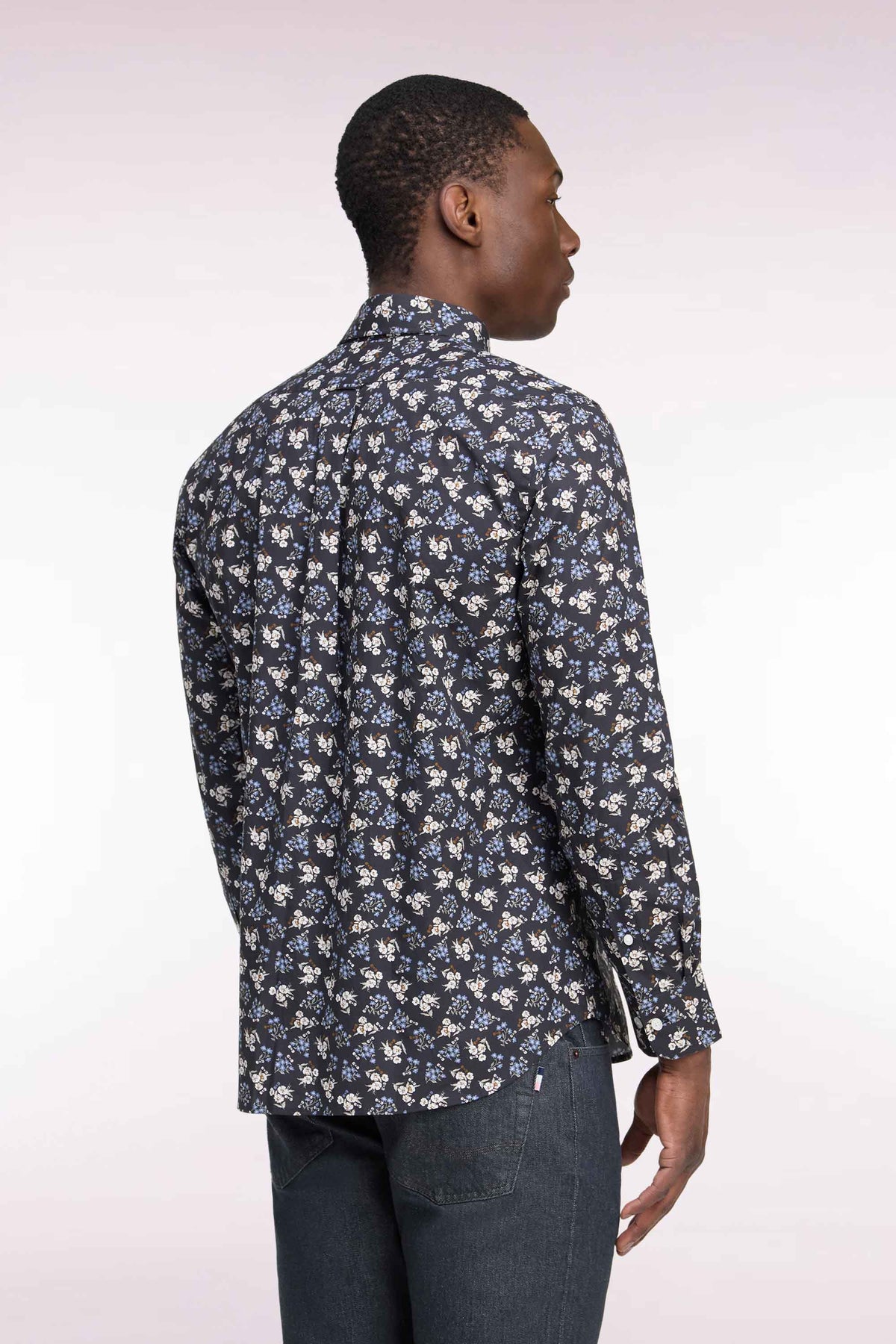 Brown cotton shirt with micro-flower patterns, straight cut