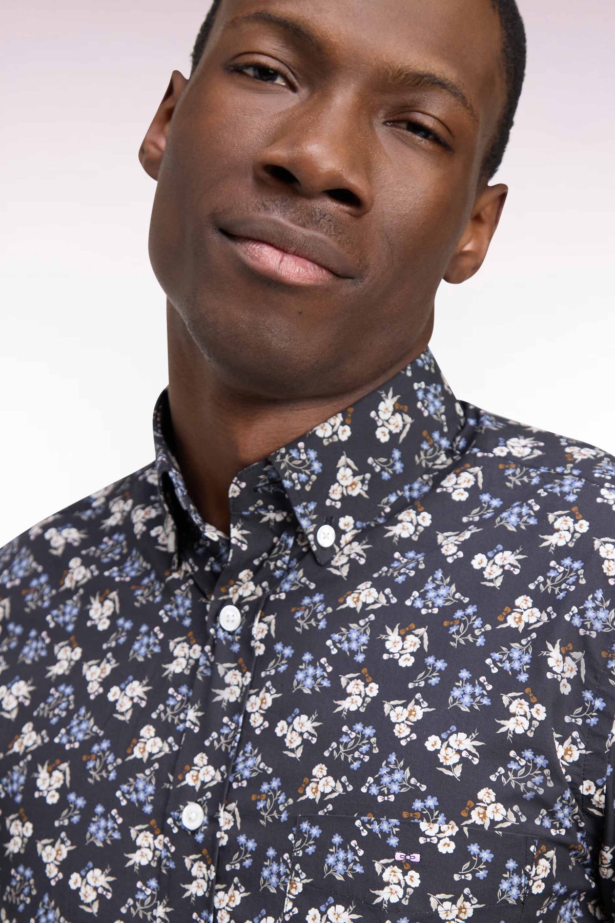 Brown cotton shirt with micro-flower patterns, straight cut