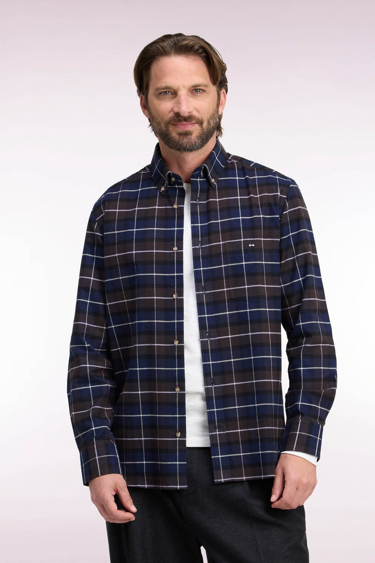 Brown Checked Cotton Flannel Straight Fit Shirt