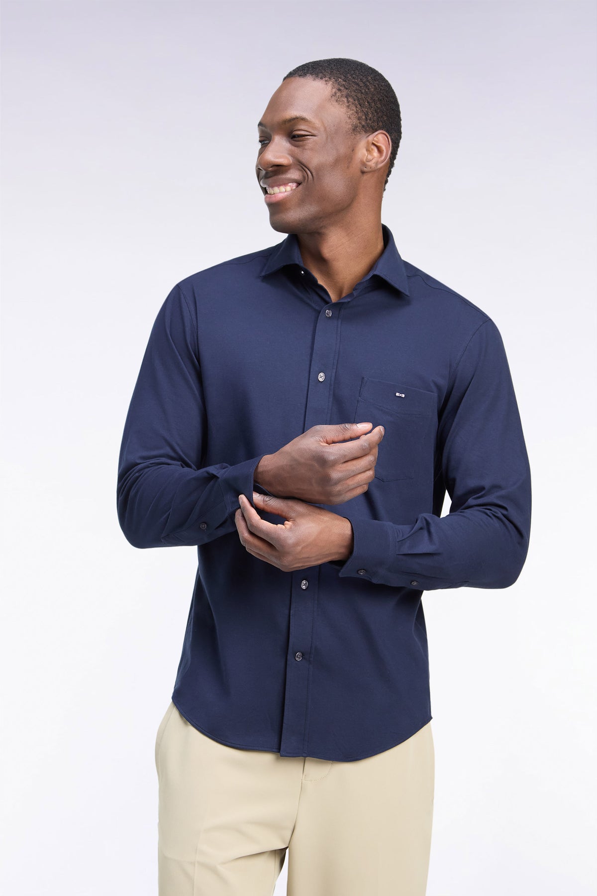 Straight cut navy stretch cotton shirt