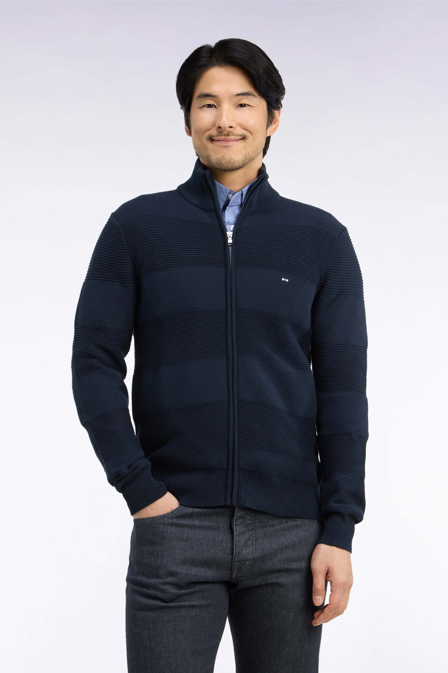 Cardigan zippé en coton marine à effet rayé coupe droite