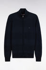 Navy cotton zipped cardigan with striped effect, straight cut