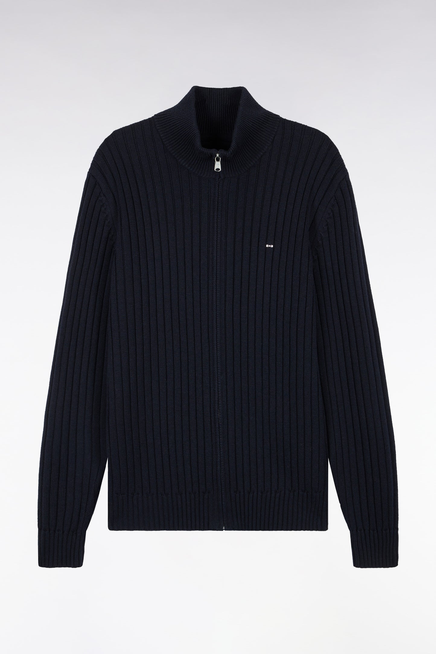 Cardigan zippé à col camionneur en laine et coton marine côtelé coupe droite
