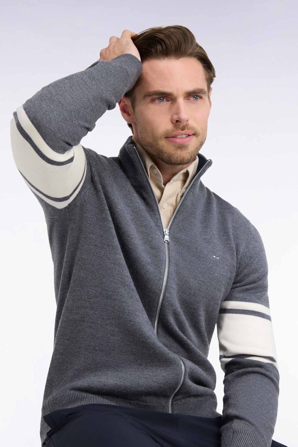 Gray merino wool zipped cardigan with striped sleeves, straight fit
