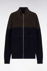 Two-tone zipped cardigan in navy and brown merino wool, straight cut